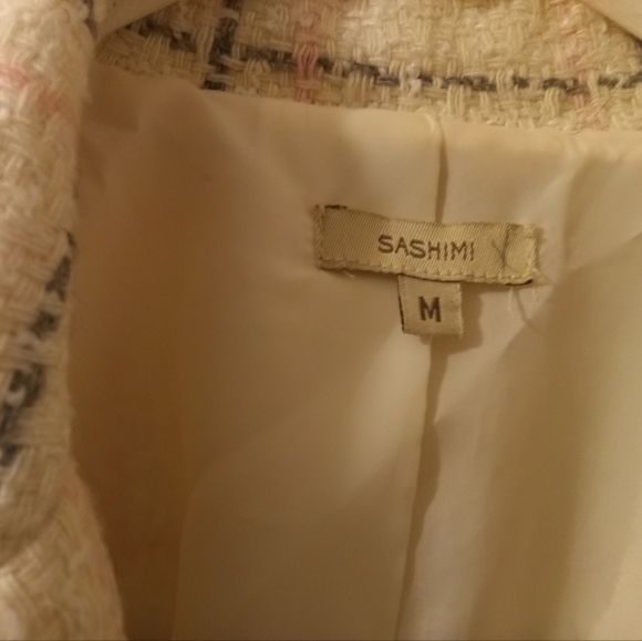 Sashimi Plaid Wool Blend Cream Pink Grey Cinched Three Button Open Cuff - Picture 5 of 11